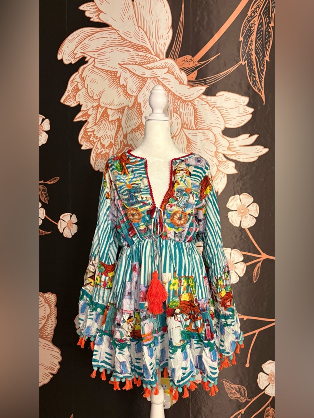 NWT BEAUTIFUL Italian Coast Print Mini Dress w/ Beaded & Sequin Applique Detail